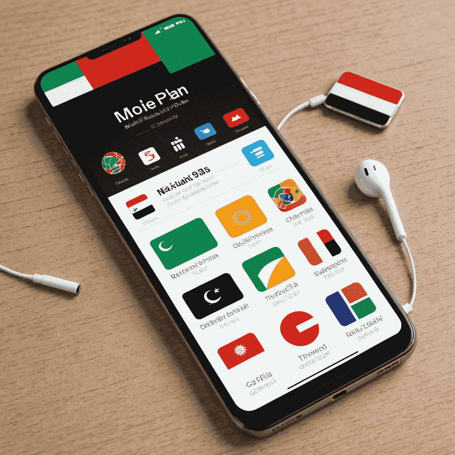 A smartphone displaying various mobile plan options, with icons representing unlimited data, calls, and texts. The UAE flag is visible in the background, signifying plans for UAE residents.