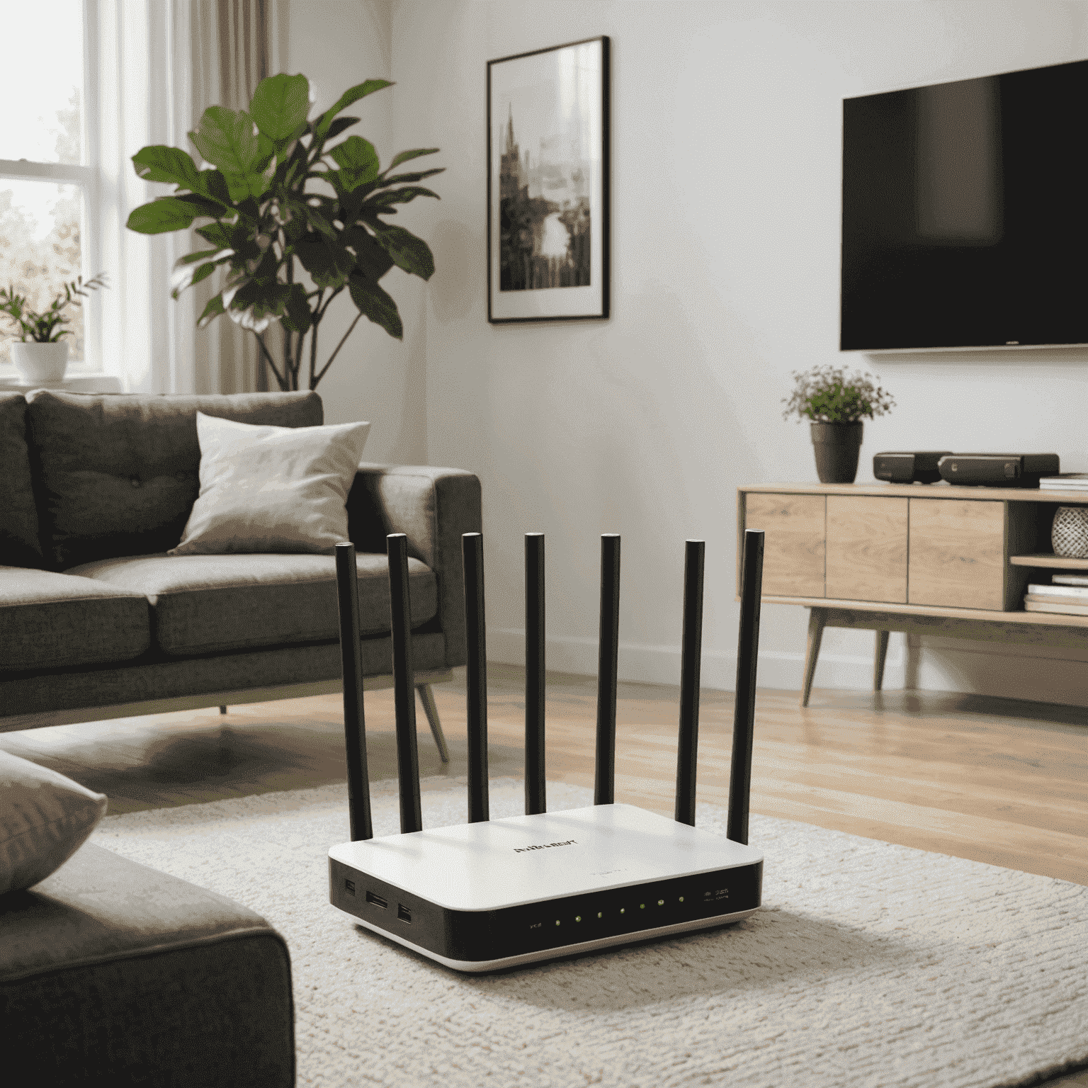 High-speed WiFi router in a modern living room, showing fast internet connectivity for multiple devices