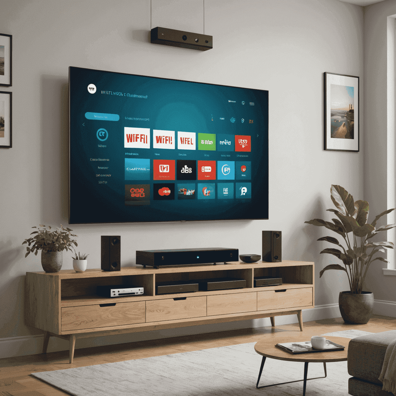 A living room setup with a smart TV and a router, symbolizing home WiFi and TV bundles. Icons representing various TV channels and high-speed internet are floating around.