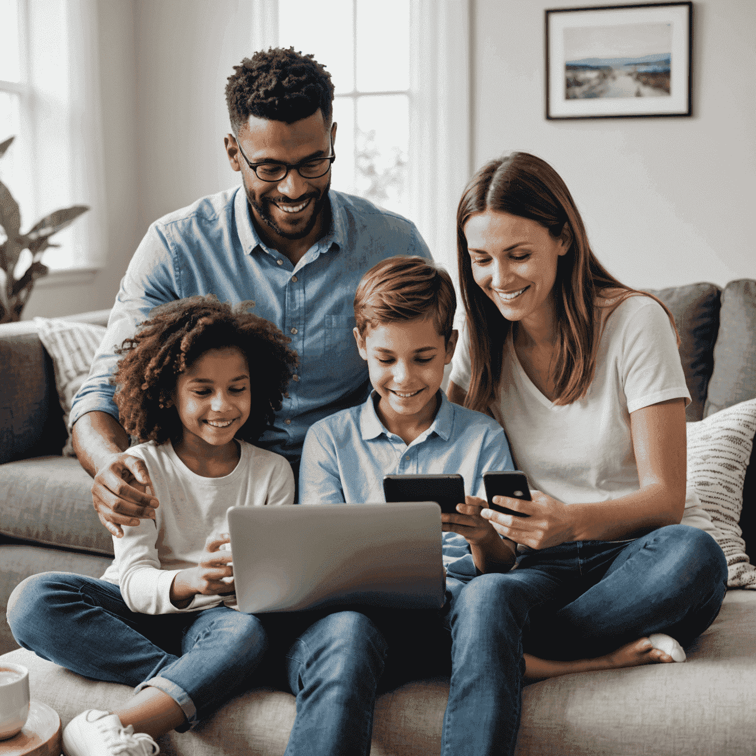 A family using multiple devices together, showcasing smartphones, tablets, and laptops connected to a shared mobile plan