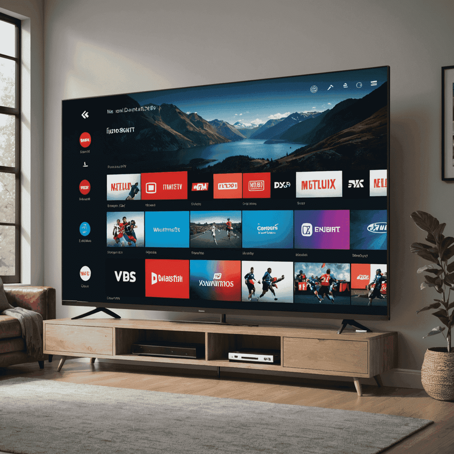 A high-end smart TV displaying premium content like sports, movies, and exclusive shows