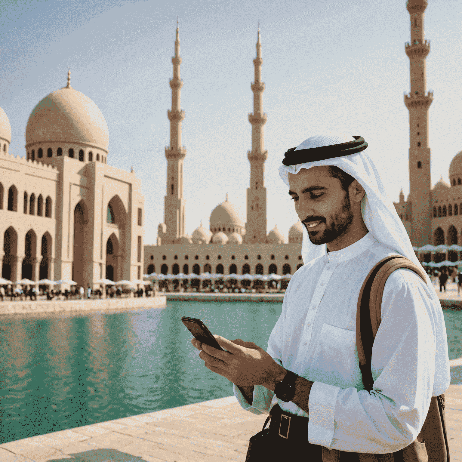 A tourist using a smartphone against a backdrop of UAE landmarks, showcasing the benefits of a temporary mobile plan for visitors