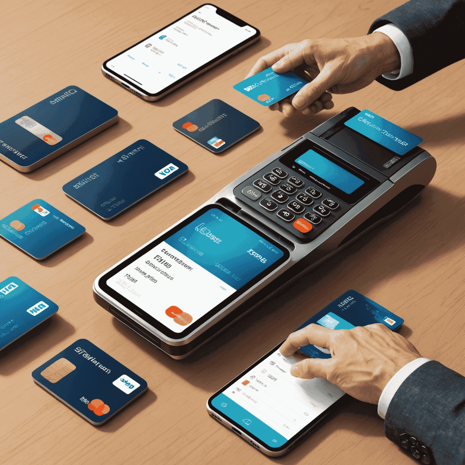 Illustration of multiple payment options including credit cards, digital wallets, and bank transfers, with animated highlights for each method.